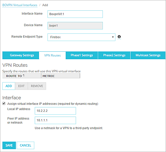 Screen shot of the BOVPN Virtual Interface page, VPN Routes tab
