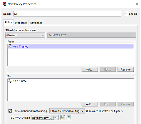 Screen shot of the SIP policy for Site B