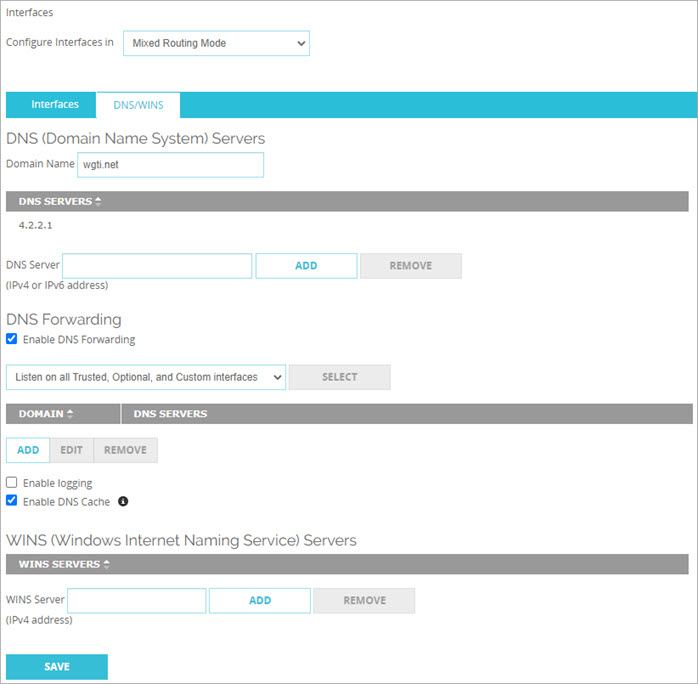 Capture d'écran de la configuration du transfert DNS