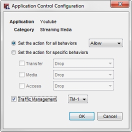 Capture d'écran de la boîte de dialogue Configuration d'Application Control avec la gestion du trafic activée