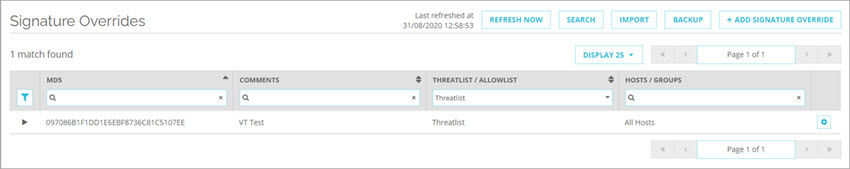 Capture d'écran de la page Signatures de Remplacement