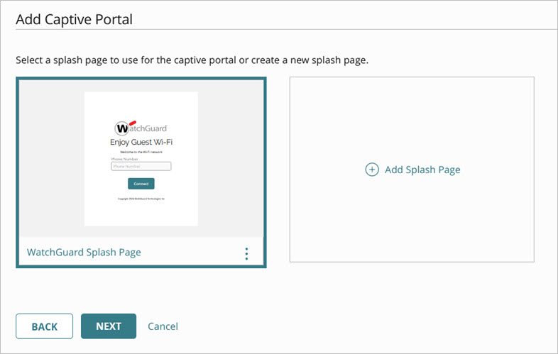 Screenshot of the Add Captive Portal splash page settings