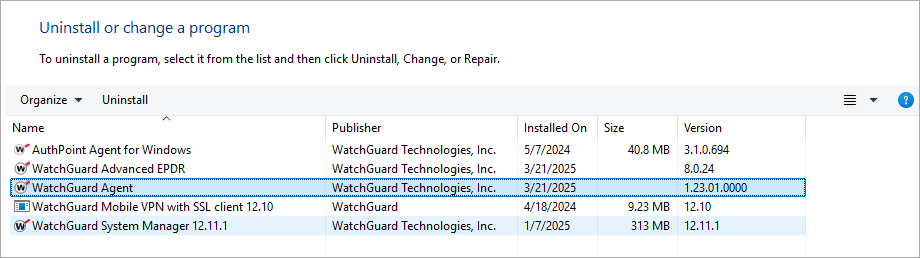 Screen shot of Windows Uninstall or change a program window