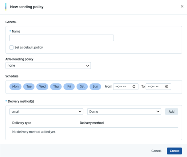 Screen shot of WatchGuard EPDR, Advanced Visualization Tool, Sending Policy dialog box
