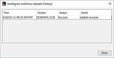 Capture d'écran de l'historique de mise à jour d'Intelligent AntiVirus