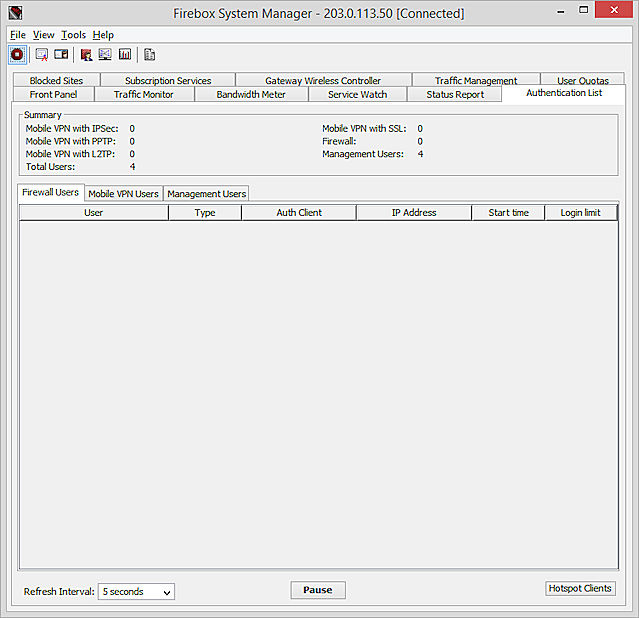 Capture d'écran de l'onglet Liste d'authentification de FSM avec le bouton Clients de point d'accès
