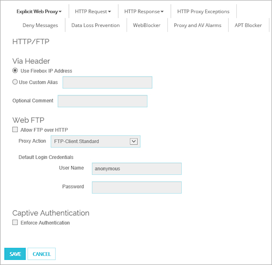Screen shot of the Proxy Action page > Explicit Web Proxy tab for the Explicit-proxy policy