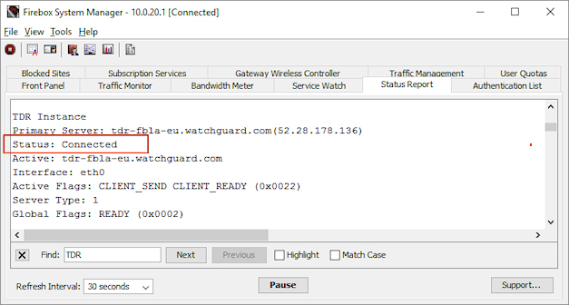 Capture d'écran de la section TDR de l'onglet Rapport d'État de Firebox System Manager
