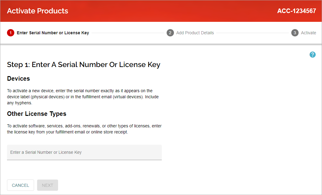Screen shot of WatchGuard serial number activation page