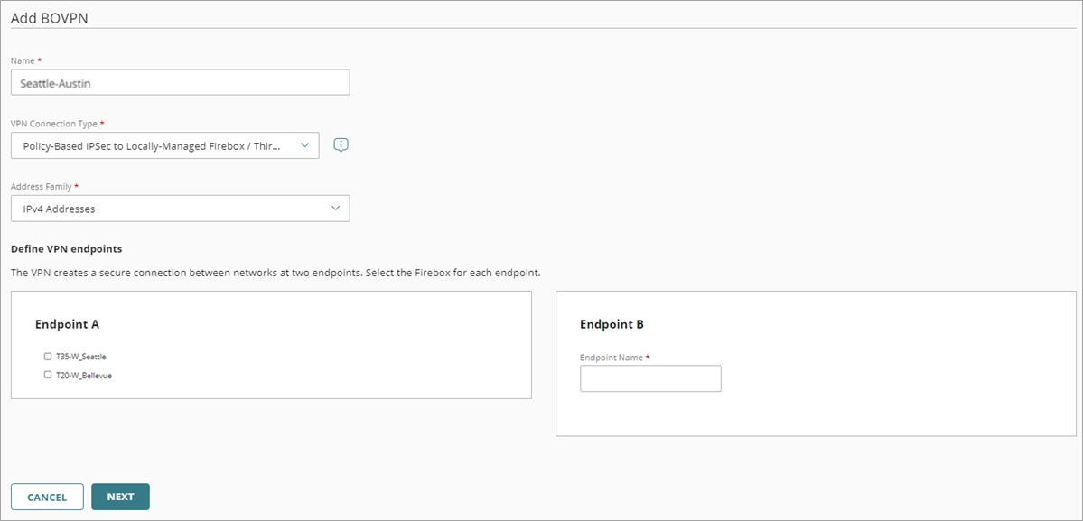 Screen shot of the Add BOVPN page with Endpoint A and Endpoint B