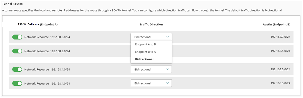 Screen shot of the Tunnel Routes list