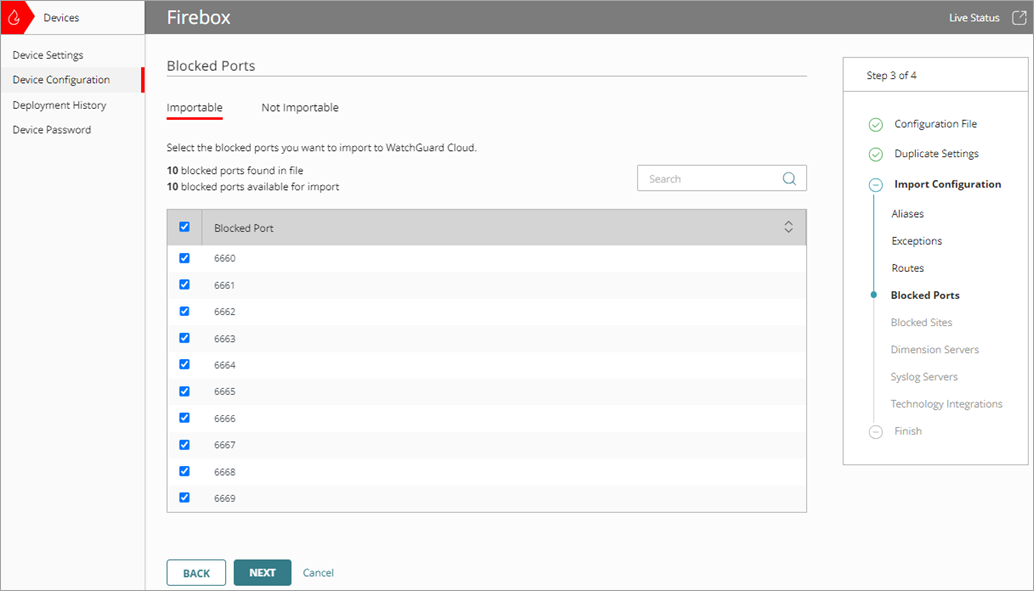Screenshot of the Import Configuration wizard, Blocked Ports page