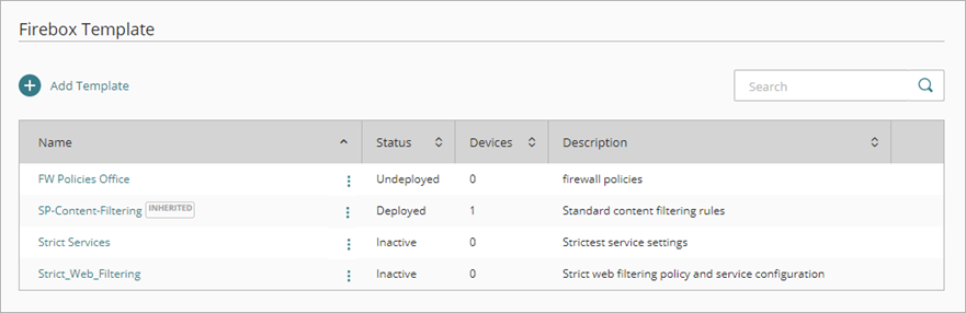 Screen shot of a list of Firebox templates in a WatchGuard Cloud account