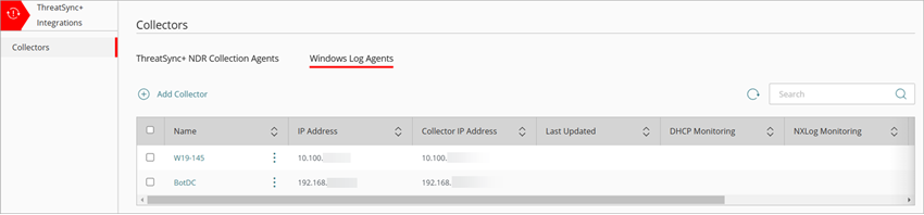 Screenshot of Configure > ThreatSync, Windows Log Agents tab