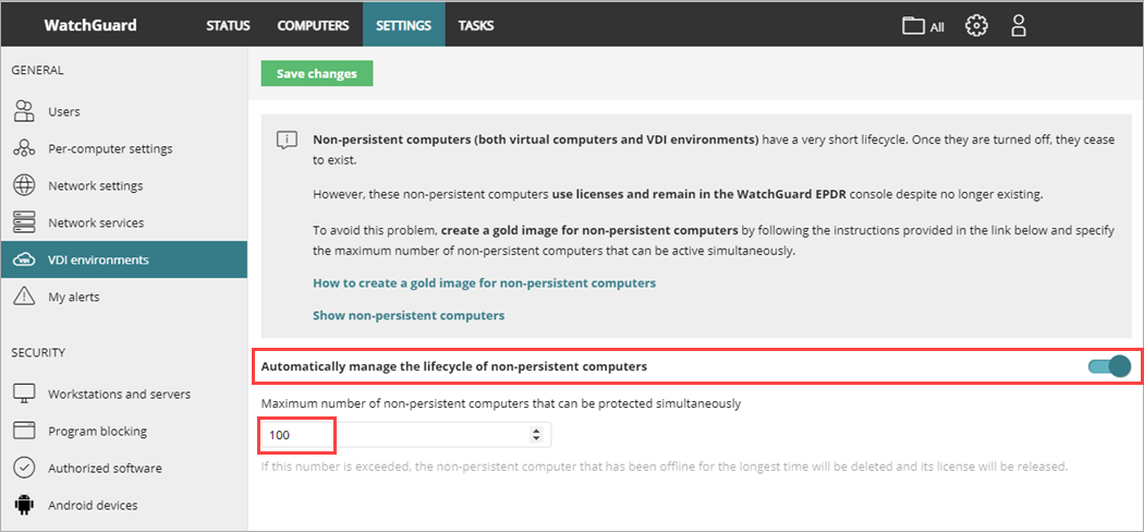 Screen shot of VDI Environments settings page. 