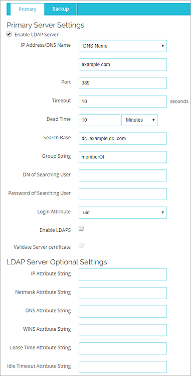 LDAP タブが選択された認証サーバー ページのスクリーンショット