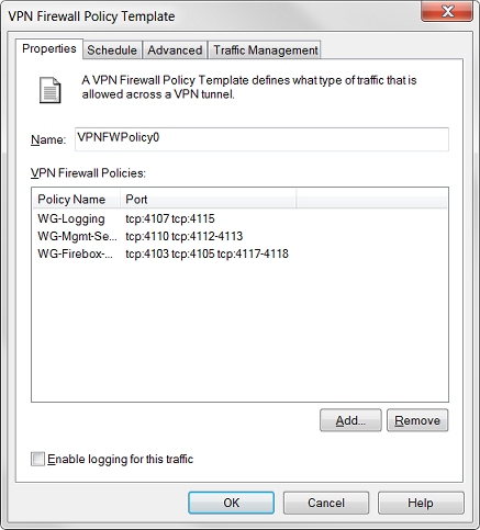 VPN ファイアウォール ポリシー テンプレート ダイアログ ボックスのスクリーンショット