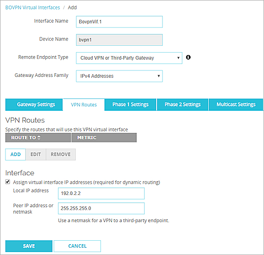 BOVPN 仮想インターフェイス、VPN ルート ページのスクリーンショット