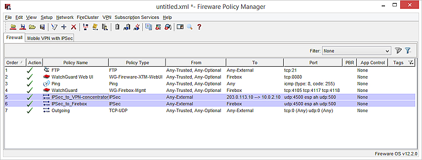 ２つの IPSec を持つPolicy Manager のポリシー間のスクリーンショット
