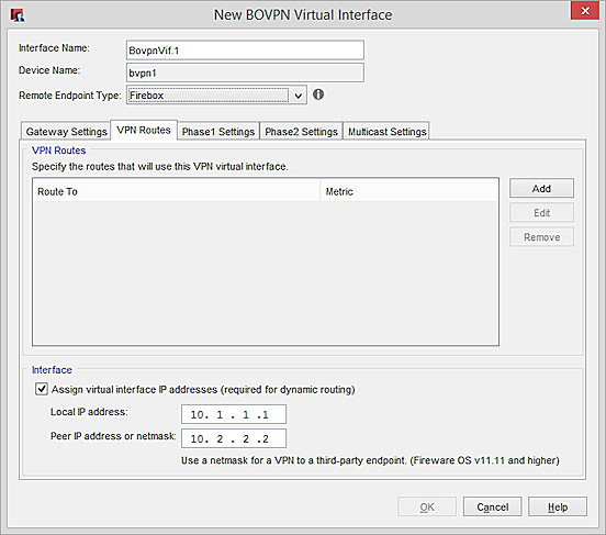 Screen shot of the New BOVPN Virtual Interface dialog box, VPN Routes tab