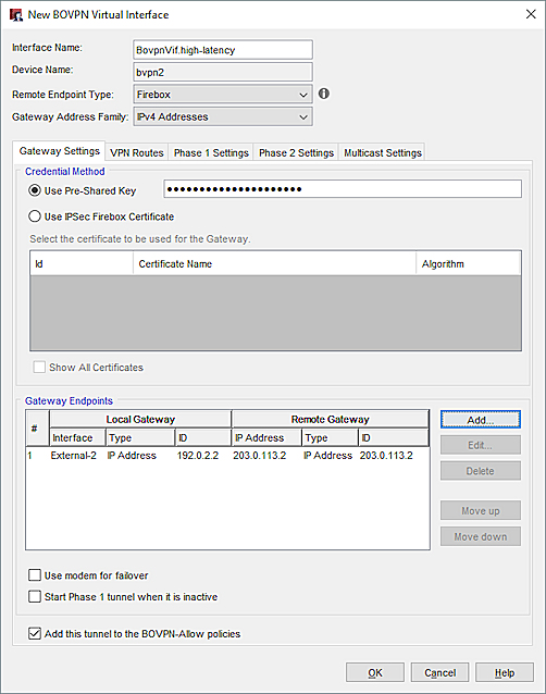 Screen shot of the Site B BOVPN virtual interface for the high latency connection