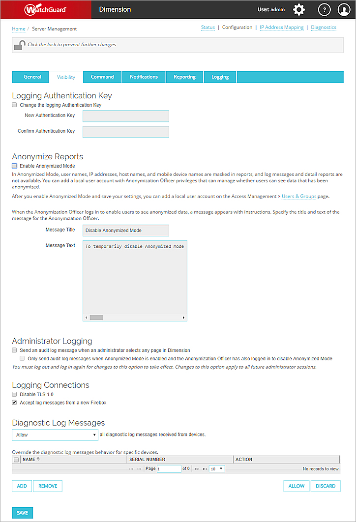 Screen shot of the Visibility page