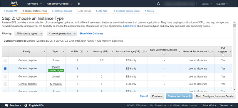 Screen shot of the Choose and Instance Type step