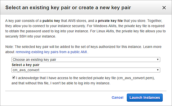 Screen shot of the choose an existing key pair dialog box in AWS