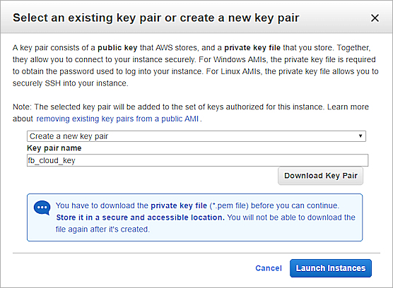 Screen shot of the option to create a key pair