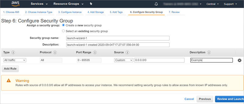 Screen shot of the Configure Security Group step