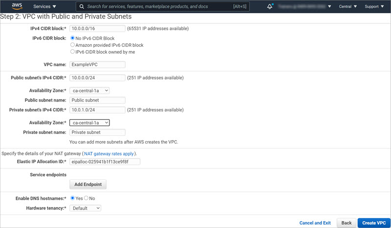 Screen shot of Step 2 of the VPC Wizard in AWS