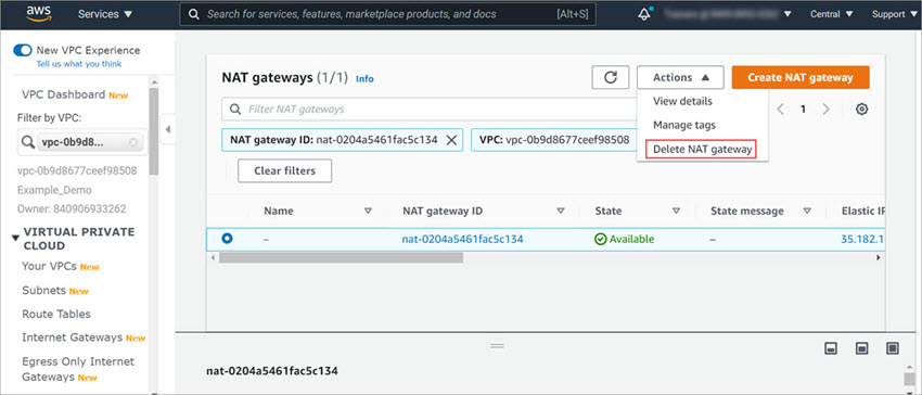 Screen shot of the NAT gateways page in the VPC Wizard in AWS