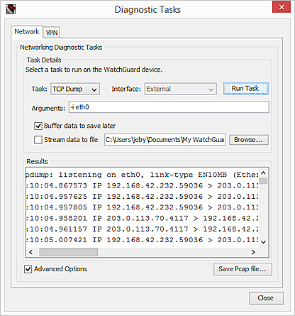 Screen shot of the Diagnostic Tasks dialog box, TCP Dump task with Buffer data to save later option selected