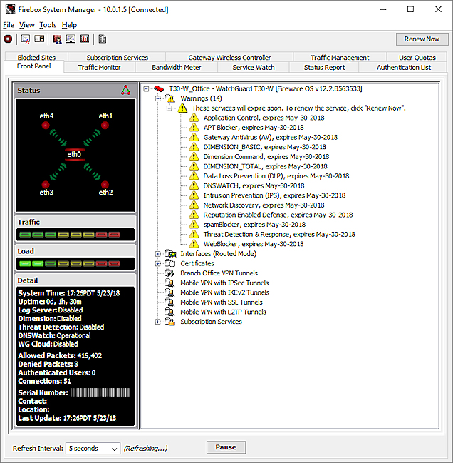Screen shot of the Front Panel with expired services