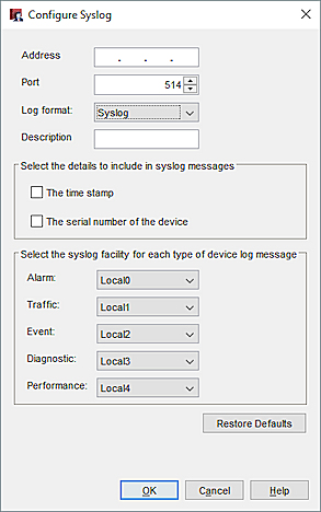 syslog ログ形式の Syslog の構成 ダイアログ ボックスのスクリーンショット