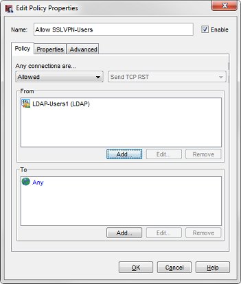 SSLVPN-Users ポリシー プロパティを許可する スクリーンショット