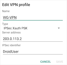 Android の VPN プロファイルを編集する ダイアログ ボックスのスクリーンショット