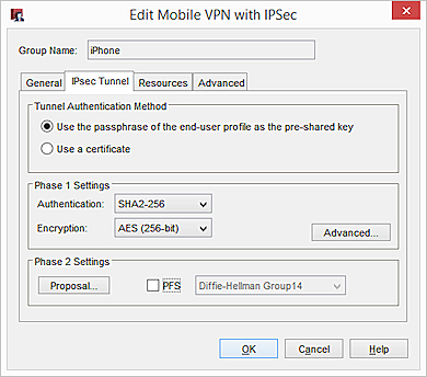 Mobile VPN with IPSec を編集する ダイアログ ボックスの IPsec トンネル タブのスクリーンショット