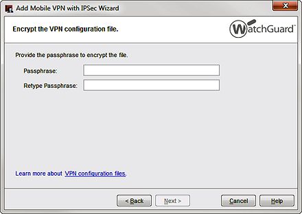 VPN 構成ファイルを暗号化するステップ ウィザードのスクリーンショット
