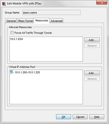 MVPN with IPSec を編集する ダイアログ ボックス、リソース タブのスクリーンショット
