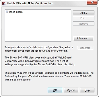 Mobile VPN with IPSec 構成のダイアログ ボックスのスクリーンショット