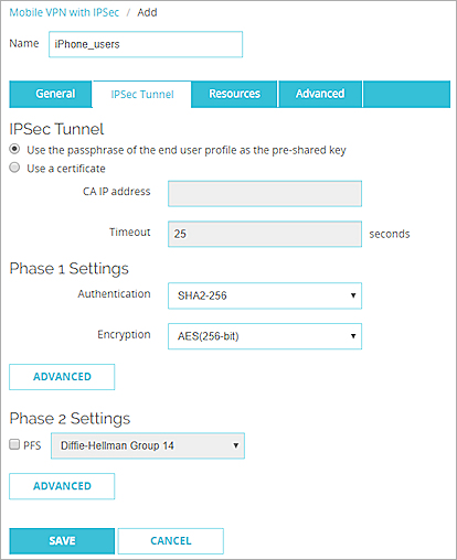 Mobile VPN with IPSec 設定の IPSec トンネル タブのスクリーンショット