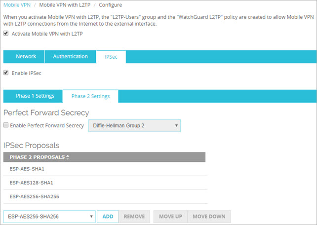Mobile VPN with L2TP ページの IPSec フェーズ 2 設定のスクリーンショット