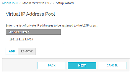 Mobile VPn with L2TP Setup Wizard の仮想 IP アドレス プール ページのスクリーンショット