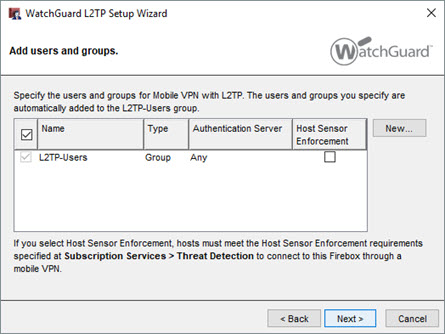 WatchGuard L2TP Setup Wizard の認証されたユーザーおよびグループを追加する ページのスクリーンショット