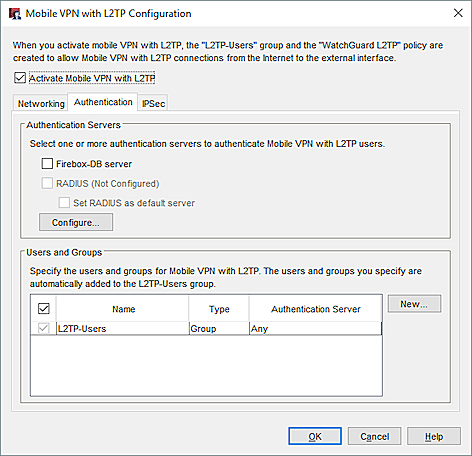 Mobile VPN with L2TP 構成ダイアログ ボックスの認証タブのスクリーンショット