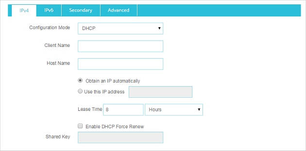 DHCP オプションを選択した状態の 外部インターフェイスの構成 のスクリーンショット