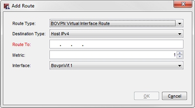 Screen shot of the Add Route dialog box for a BOVPN Virtual Interface Route