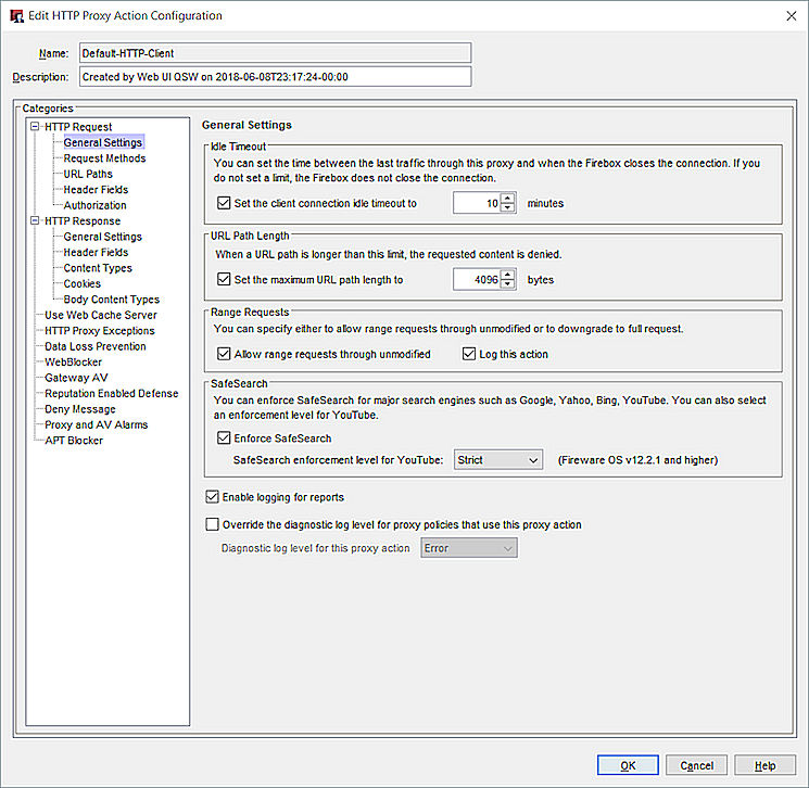 Screen shot of the HTTP Proxy Action Configuration dialog box, HTTP Request General Settings page