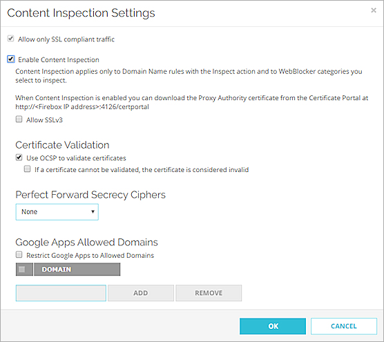 Screen shot of the HTTPS Content Inspection Settings page in Fireware Web UI